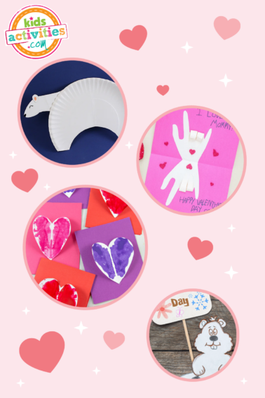A compilation of crafts and activities for kids to do in february, like a paper plate polar bear, heart-shaped cards, and more.
