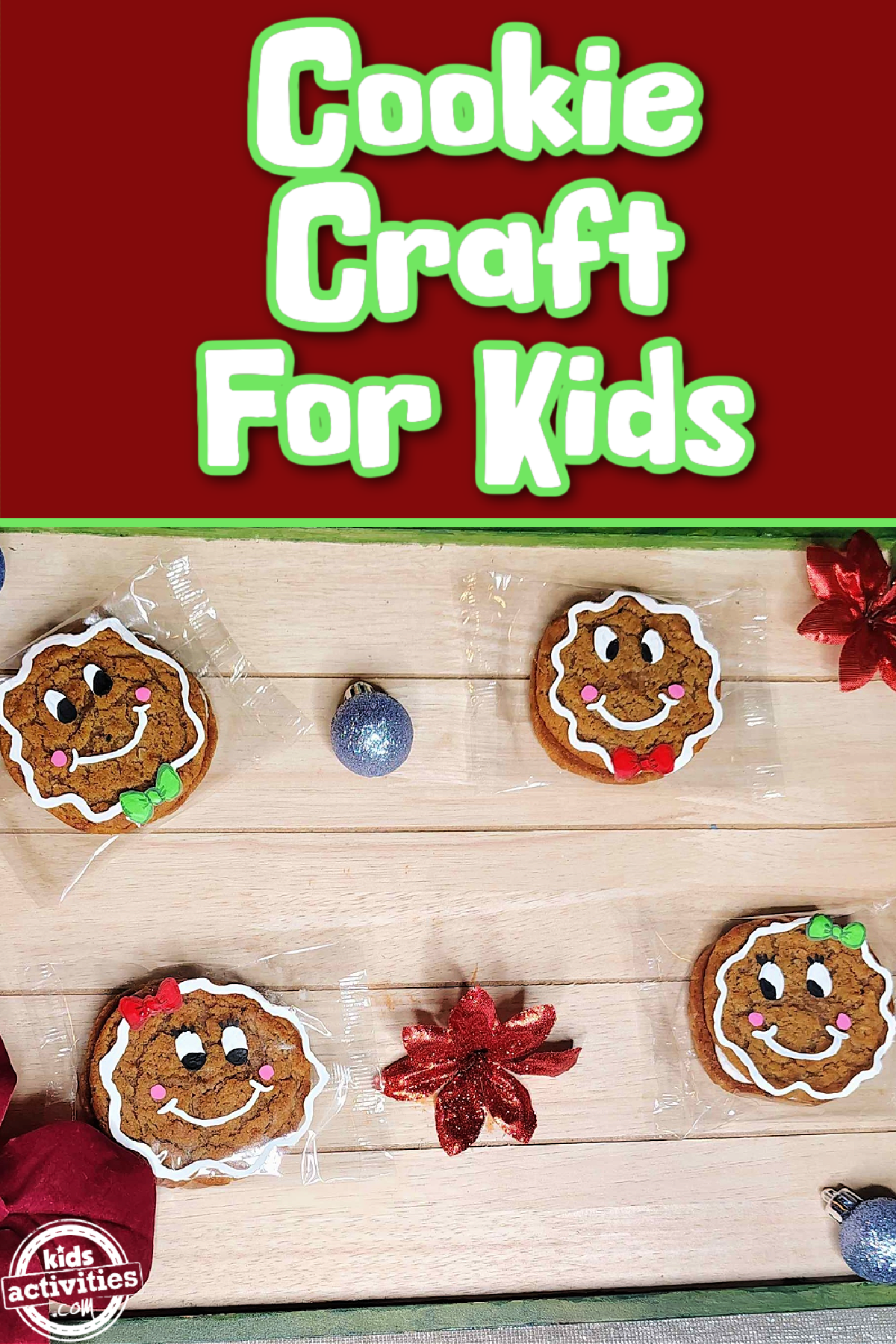 Gingerbread Man Craft- cookies painted like gingerbread with christmas flowers and ornaments with text- kids activities blog