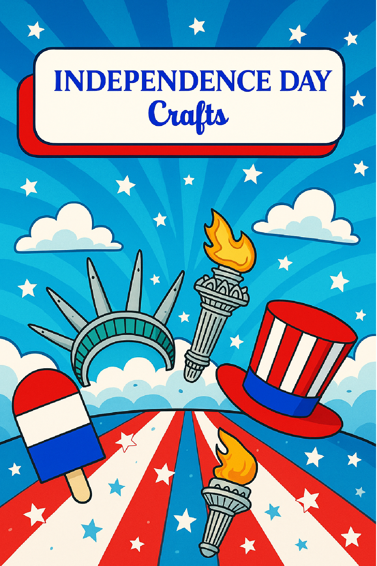 4th of July Craft- statue of liberty crown, torch, uncle sam hat and popsicle on patriotic background with text- kids activities blog