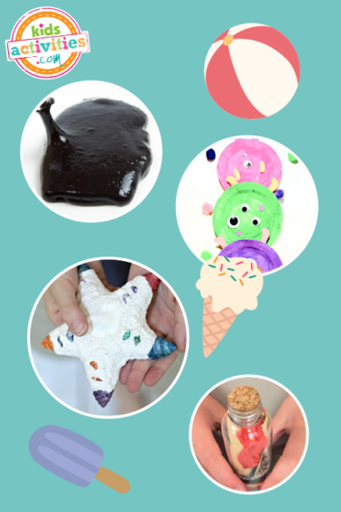 A compilation of activities and crafts - July activities for kids such as paper plate crafts, sand, and slime crafts.