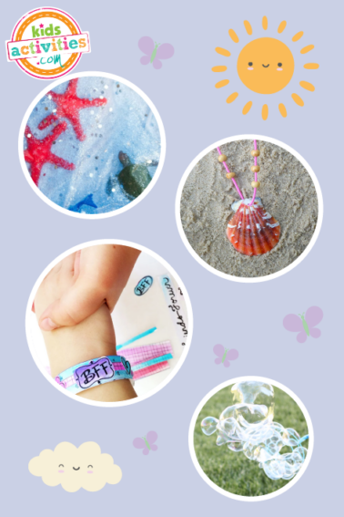 A collage of crafts and activities for june such as a friendship bracelet, a seashell necklace, stars, and more.