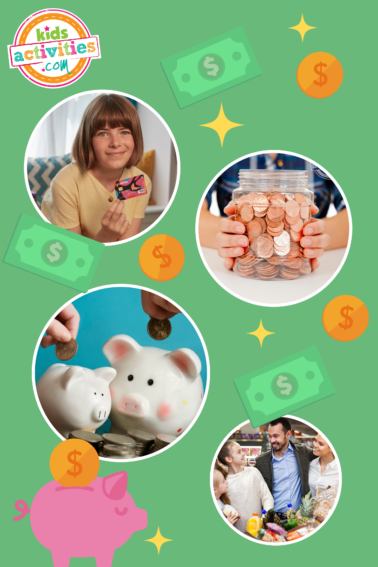 Image shows a collection of money management activities for kids and teenagers over a green background with money images.