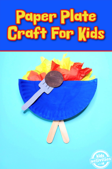 Paper Plate Grill Craft- Blue grill with orange and yellow fire and spatula and hamburger against a light blue background- kids activities blog