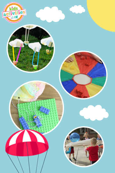 Image shows a compilation of parachute play activities from different sources