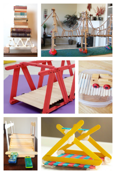collage of popsicle stick bridge projects for kids of all ages