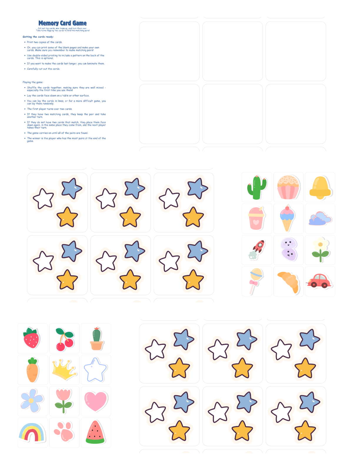 Printable Activity Pack - Memory game with instructions blank cards stars, and other shapes and pictures- Kids Activities Blog