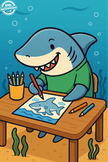 Shark Worksheets- Shark coloring a shark on a piece of paper with coloring accessories- kids activities blog