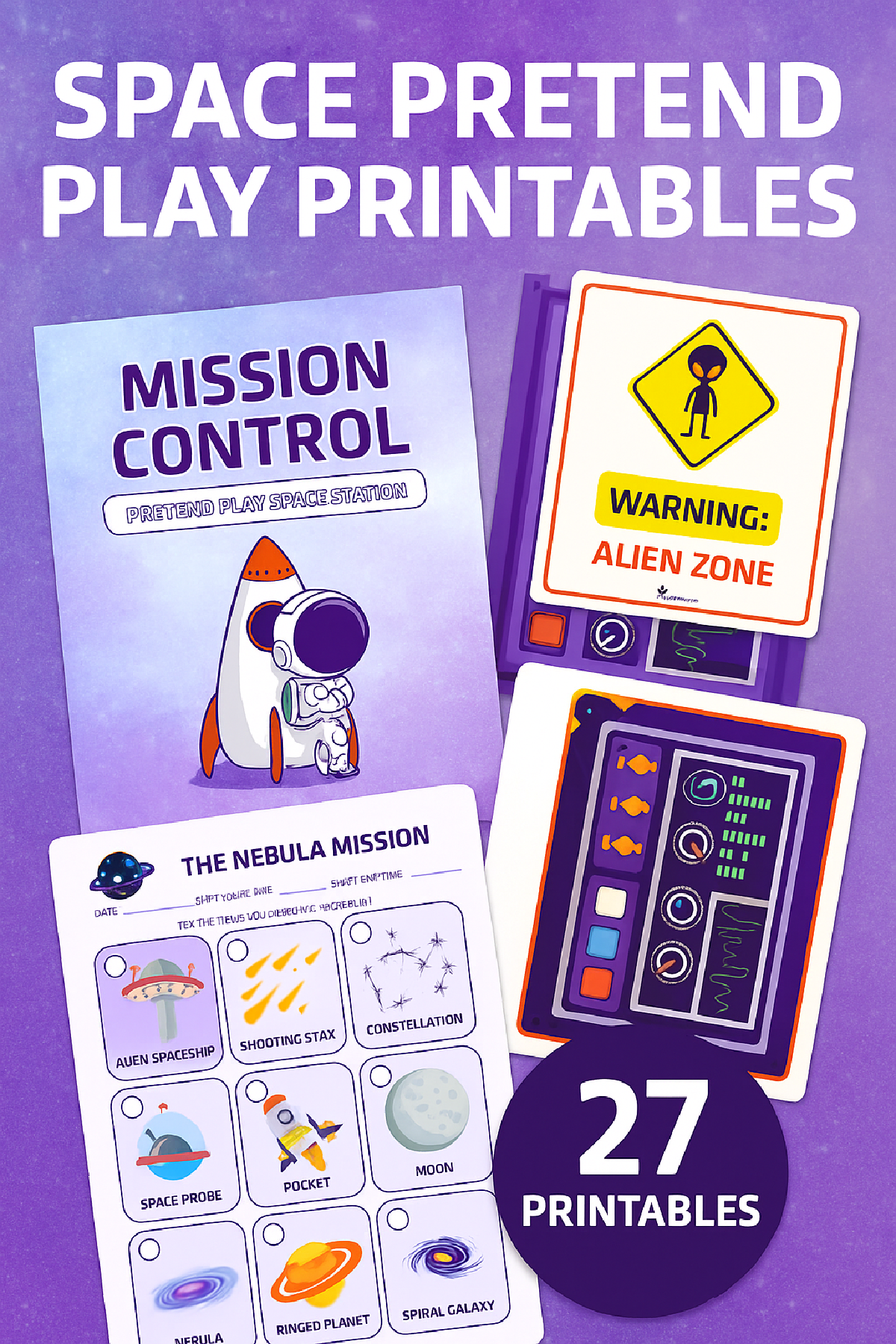 Pretend Play- purple background with text and 4 printables printed pdf file- kids activities blog