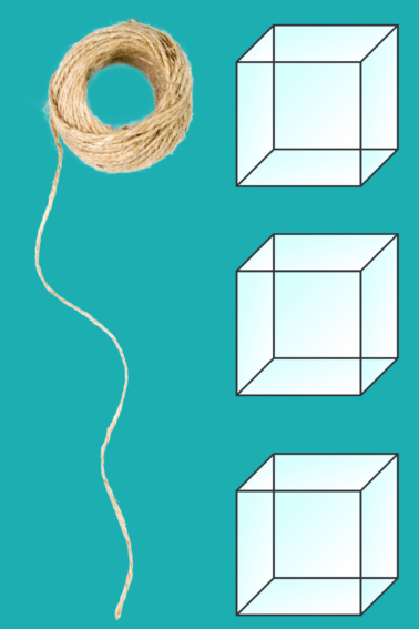 ball of string and 3 square ice cubes on colorful background