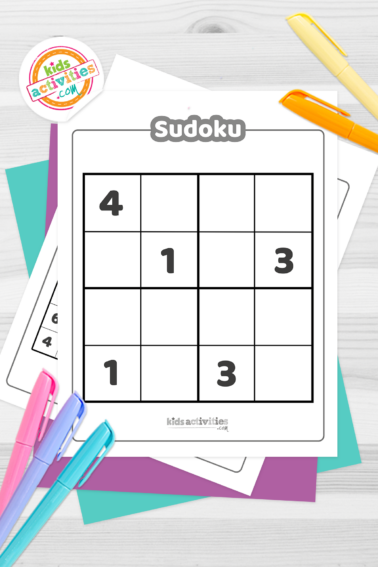 Black and white printable sudoku games unsolved on top of blue-green and purple sheets with assorted crayons on a dark grey background. printed pdf version from Kids activities blog.