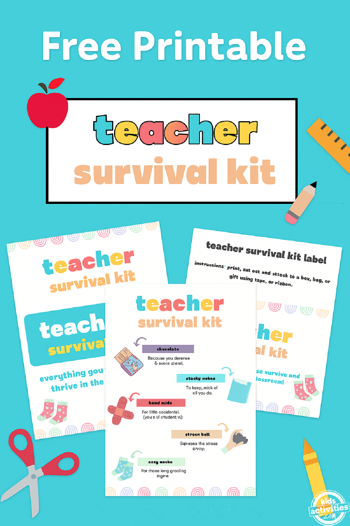 Gift For Teachers- blue background with colorful writing, school supplies and printables- kids activities blog