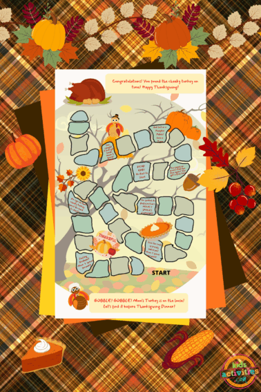 Thanksgiving Game- board game printable on papers with Thanksgiving and fall background and accessories- kids activities blog