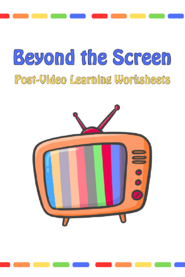 Video Worksheets- Featured image with TV and colorful lines red, blue, green, purple, orange, yellow, orange and text- Kids Activities Blog