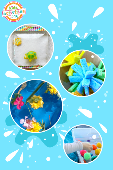 Image shows different water activities for toddlers in front of a blue background.